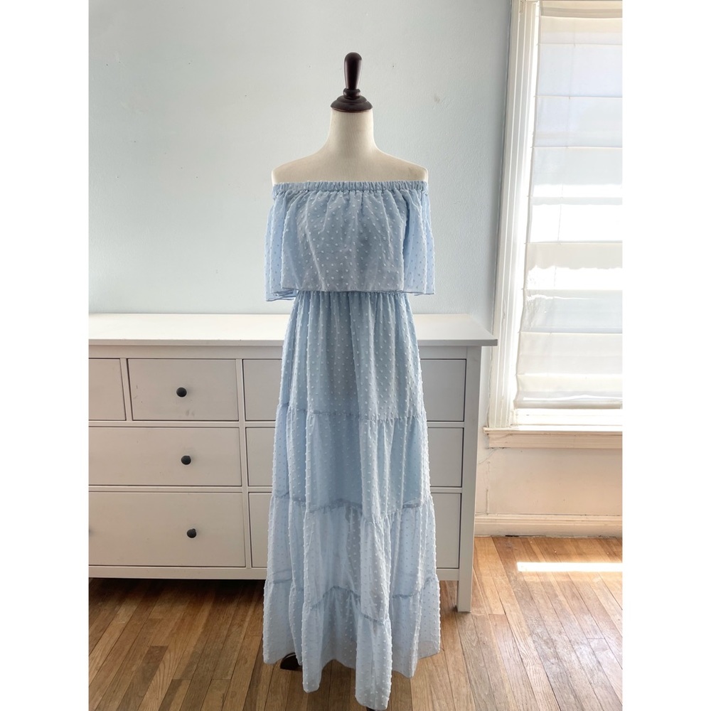 Kirundo Women’s Light Blue Off Shoulder, Tiered, Maxi Dress with Swiss Dots